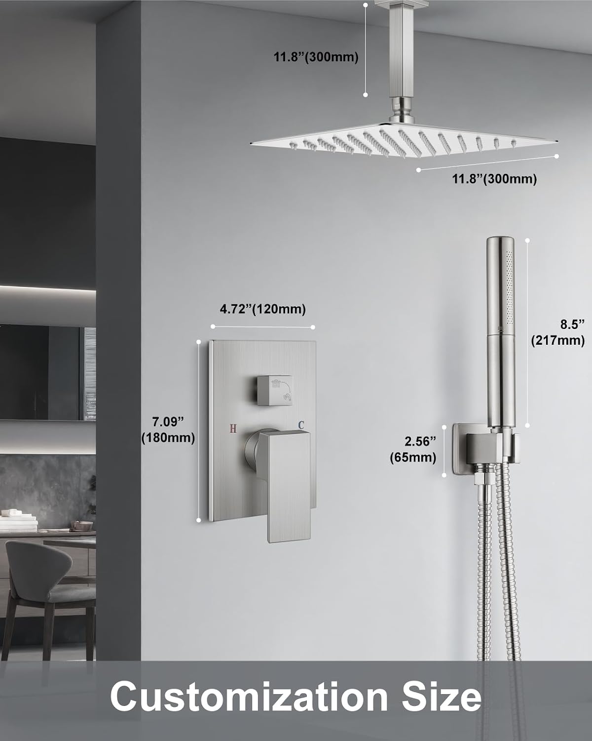 Aolemi Ceiling Mount Shower Faucet Set,Shower System Rain Showerhead and Handheld Spray Combo High-Pressure Showerheads Set with Valve and Trim Kit Rough-in Valve,12 Inch Brushed Nickel