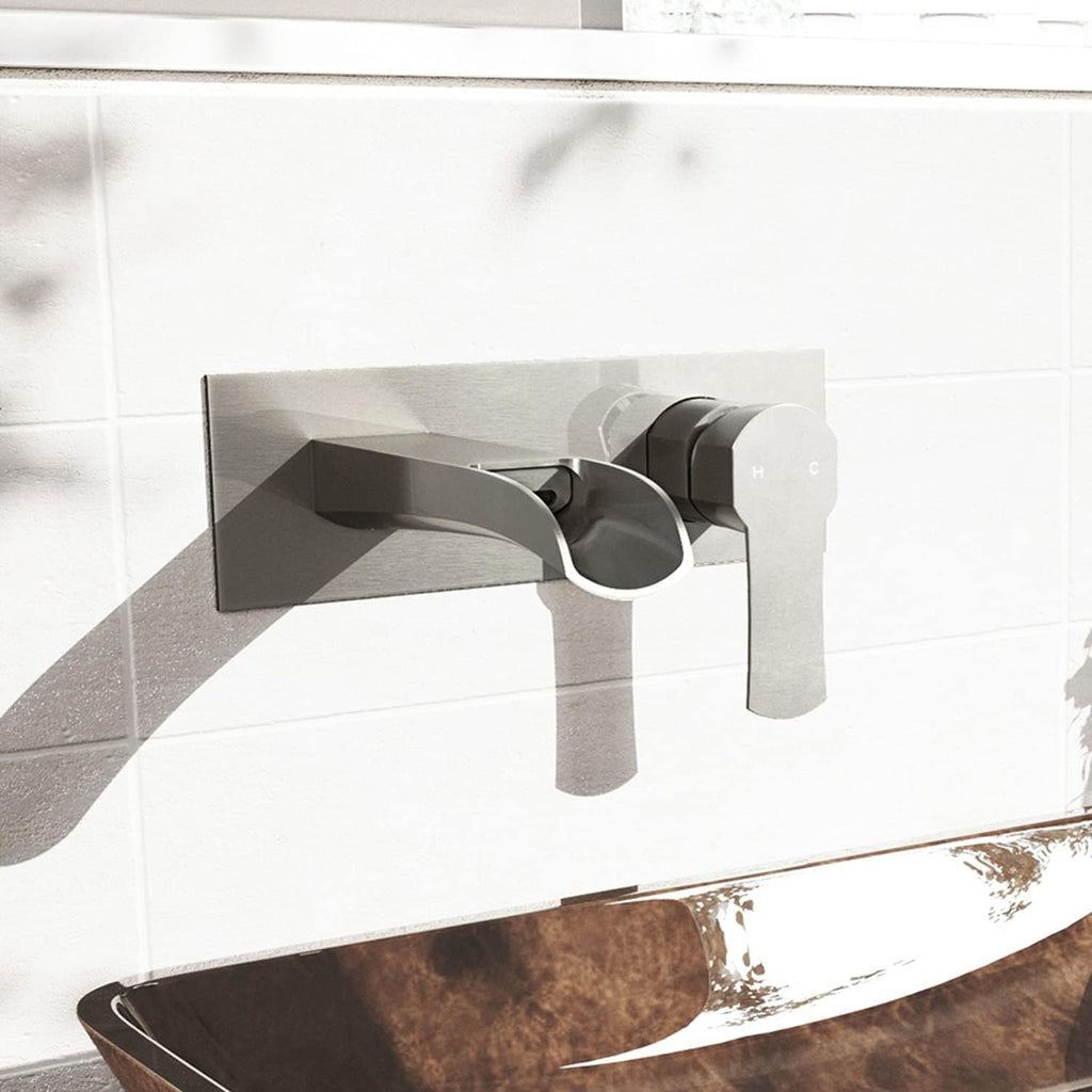 VIGO Cornelius Waterfall Single-Handle Two-Hole Wall Mount Bathroom Sink Faucet, Brushed Nickel, Modern Design, Solid Brass, 1.2 GPM WaterSense & Ceramic Disc Valve, Corrosion-Resistant - VG05004BN