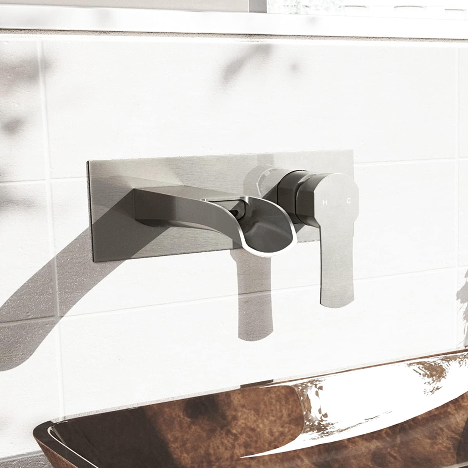 VIGO Cornelius Waterfall Single-Handle Two-Hole Wall Mount Bathroom Sink Faucet, Brushed Nickel, Modern Design, Solid Brass, 1.2 GPM WaterSense & Ceramic Disc Valve, Corrosion-Resistant - VG05004BN