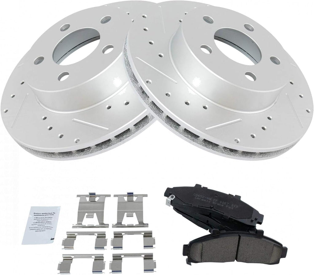TRQ Front Brake Pad and Rotor Kit Ceramic Slotted Drilled G-Coated Vented Compatible with 1995-2001 Ford Explorer 1998-2002 Ranger 1998-2002 Mazda B3000 1998-2002 B4000 1997-2001 Mercury Mountaineer