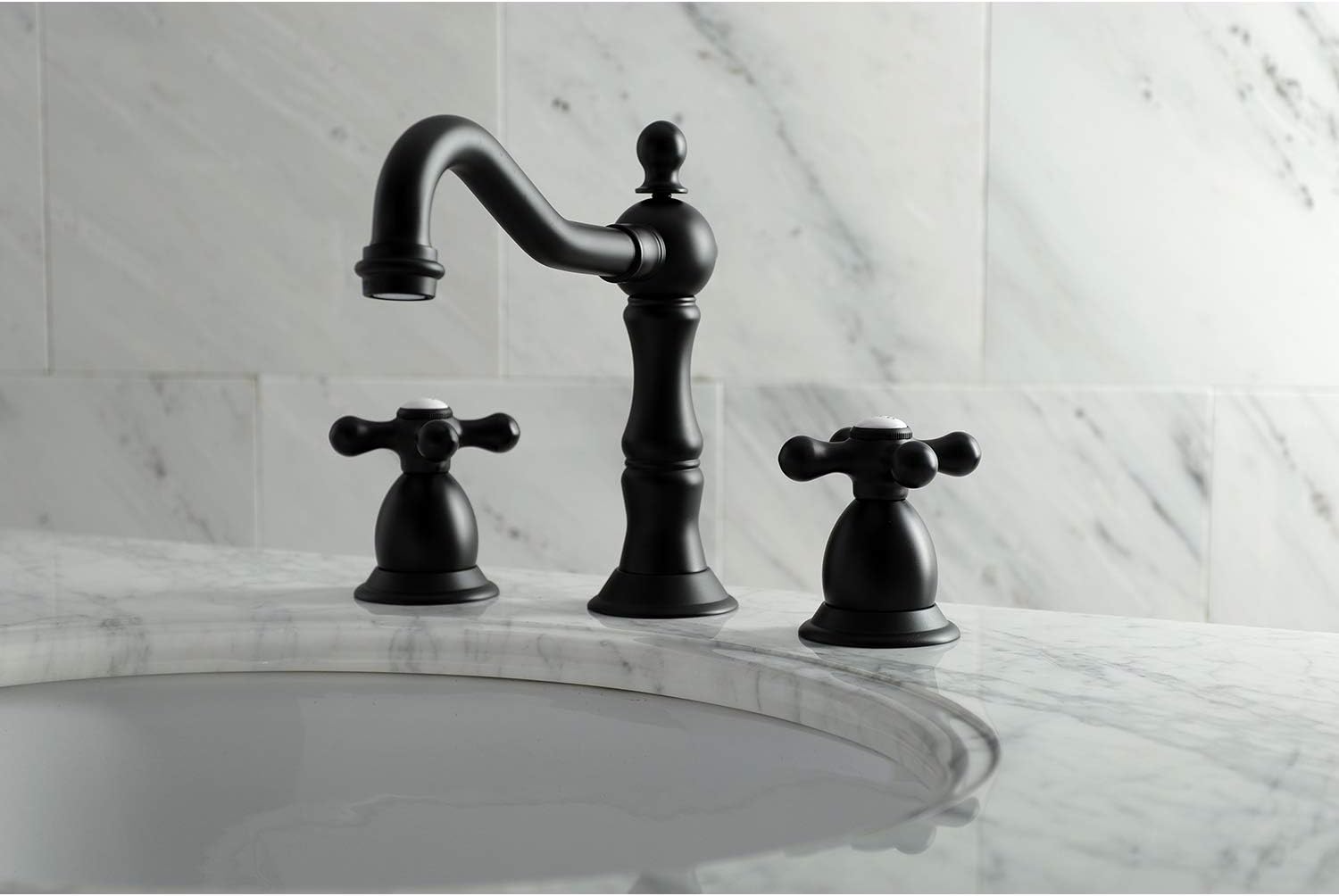 Kingston Brass KS1970AX Heritage Widespread Bathroom Faucet, Matte Black,8 x 7.56 x 7.44