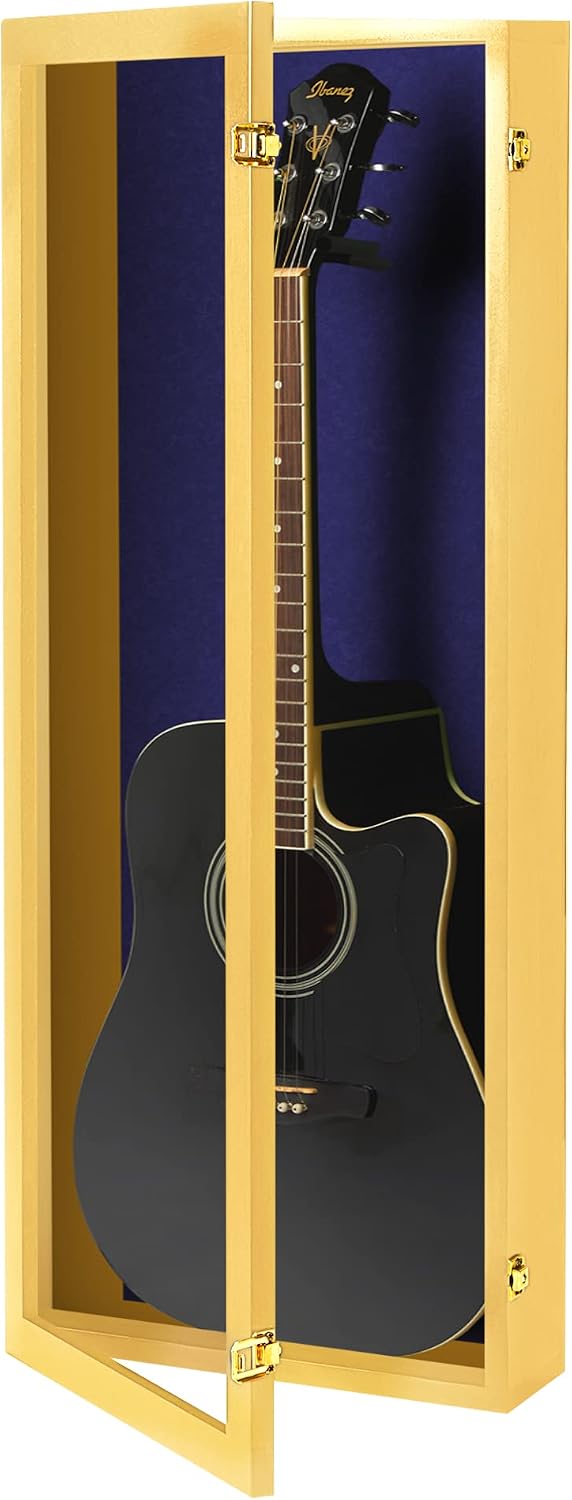 PENNZONI Acoustic Guitar Display Case - Acrylic Acoustic Guitar Case - Guitar Display Case Wall Mount Made from Hardwood Frame & Clear Acrylic - Golden Oak w/Felt Blue
