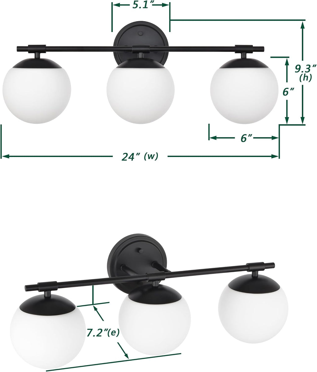 Black Bathroom Vanity Light Fixtures, 3 Light Globe Wall Sconce Lighting Over Mirror, Modern Vanity Lights for Bathroom, Mirror Cabinets Hallway Stairs, Standard E26 Base, Matte Black