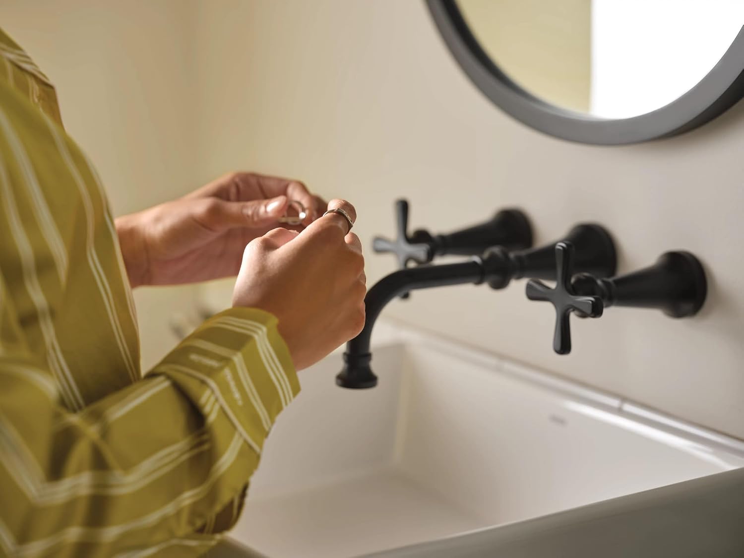 Moen TS44105BL Colinet Traditional Cross Handle Wall Mount Bathroom Faucet Trim, Valve Required, Matte Black