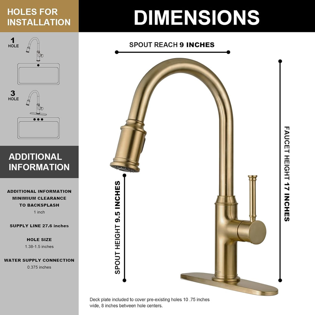 Lava Odoro Champagne Gold Kitchen Faucet with Pull Down Sprayer, Single Handle Kitchen Sink Faucet, Gold Faucet for Kitchen Sink 1 Hole and 3 Hole, Deck Plate Included, KF421-CB