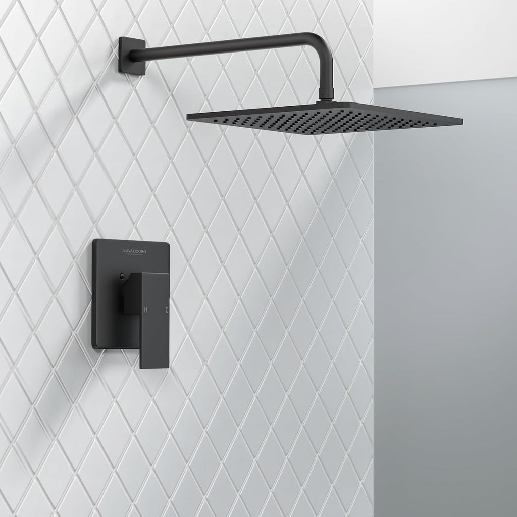 Lava Odoro 12-inch Modern Square Shower Faucet Set Matte Black, Shower Trim Kit with Rough-in Valve High Pressure Black Rainfall Shower Head and Handle Set, (Valve Included), SF106-MB