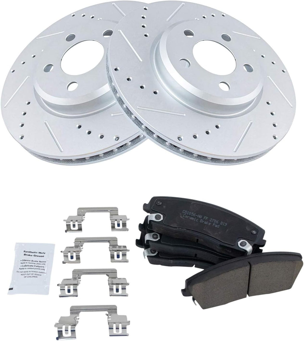 TRQ Performance Front Ceramic Brake Pad and Rotor Set Coated Drilled Slotted Compatible with 0709 Dodge Charger V6 3.5L RWD with 320 mm Diameter Front Rotors 0509 Chrysler 300 Limited RWD