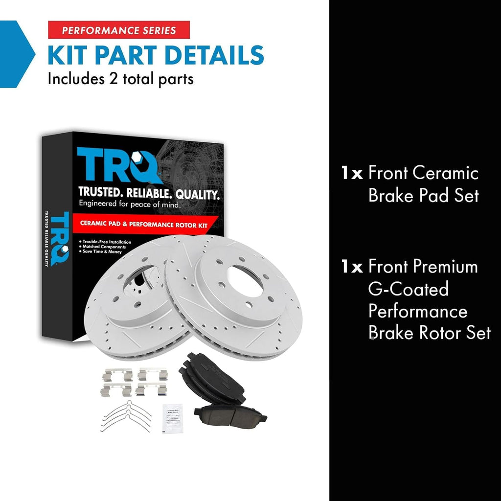 TRQ Performance Front Brake Pad and Rotor Set Ceramic Coated Drilled Slotted Vented Rotors Compatible with 2004-2008 Ford F-150 2006-2008 Lincoln Mark LT