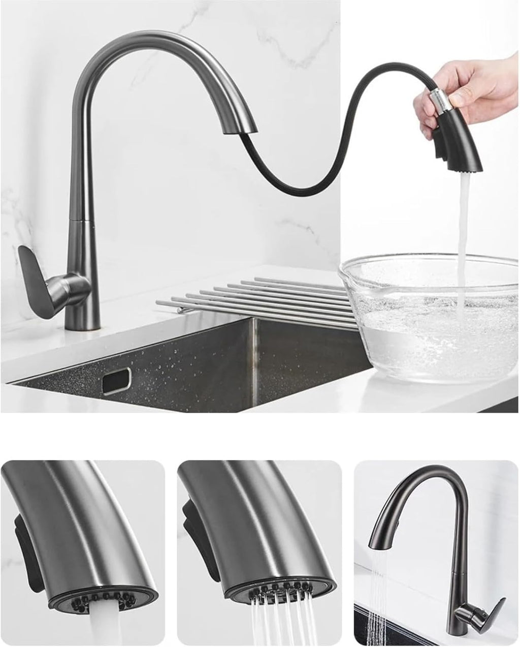 Kitchen Faucet Pull Out Tap Household Sink Washbasin Cold and Hot Water Mixer(Gray)