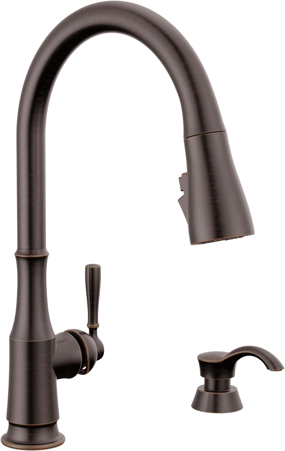 Delta Capertee Oil Rubbed Bronze Kitchen Faucet with Pull Down Sprayer and Soap Dispenser, Modern Single Hole Kitchen Sink Faucet, Single Handle, Venetian Bronze 19877Z-RBSD-DST