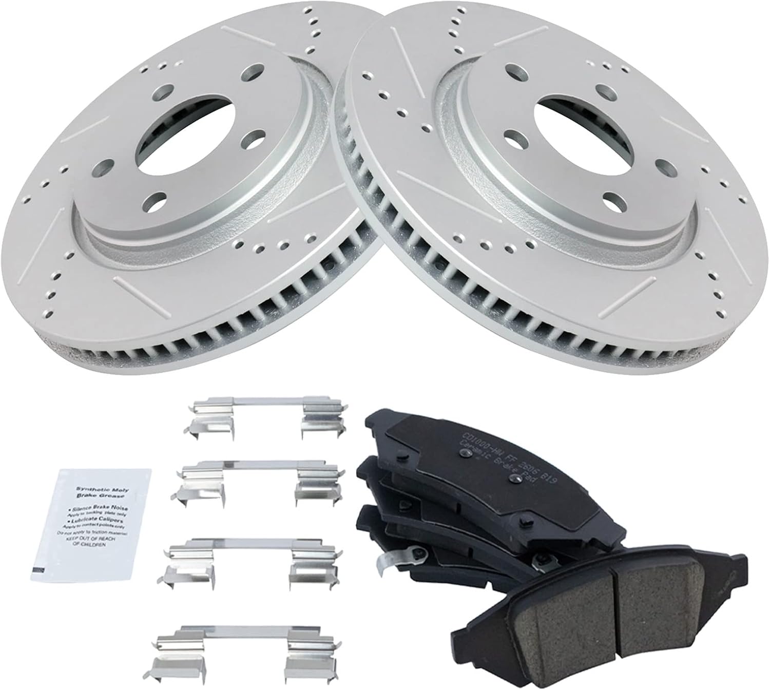 TRQ Performance Front Brake Pad and Rotor Set Ceramic G Coated Slotted Drilled Rotors Compatible with 2004 Pontiac Grand Prix