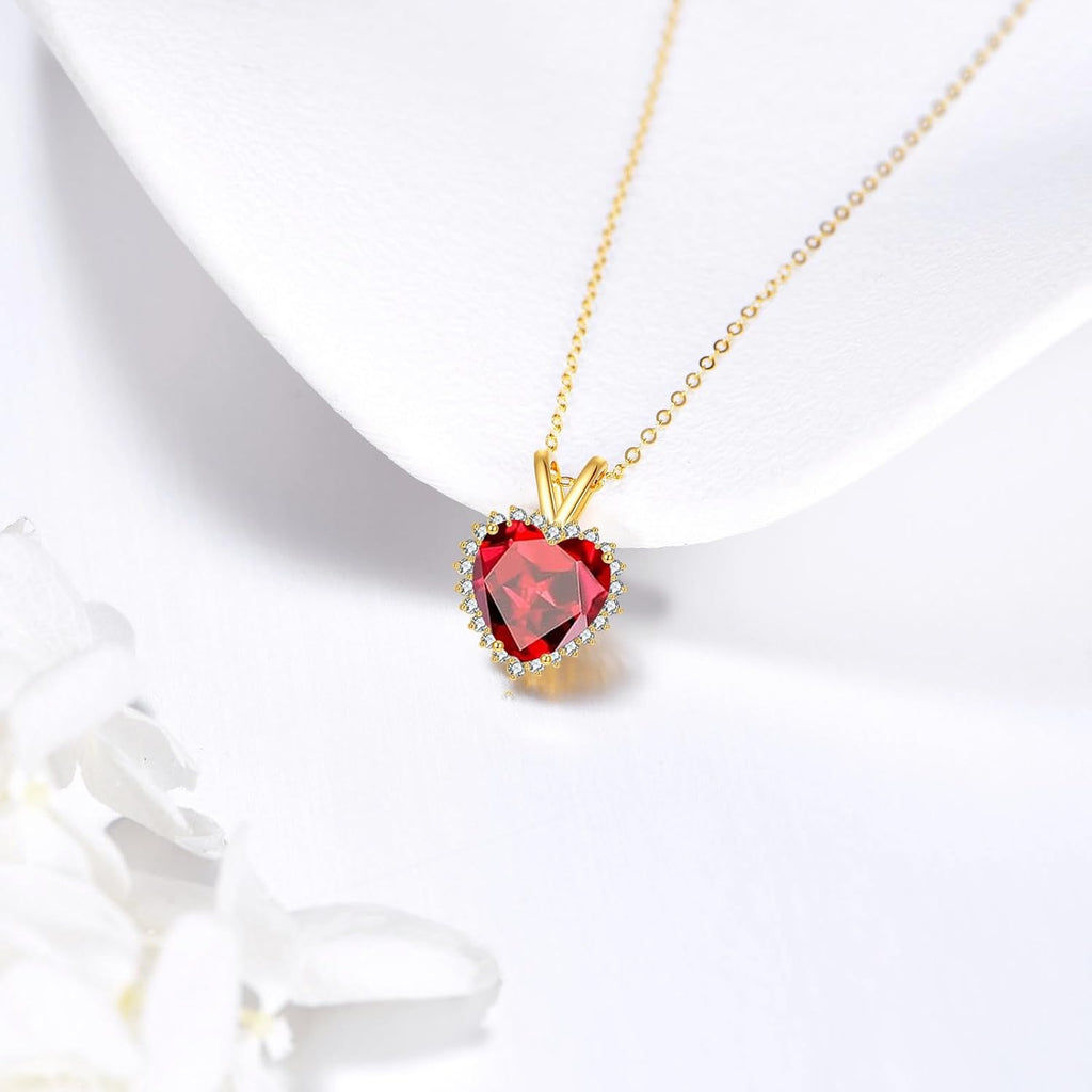 ELFRONT 14k Real Gold Heart Sapphire/Ruby Necklace Heart Stone Pendant Solid Gold Jewelry For Women Female Lover Mother Gifts
