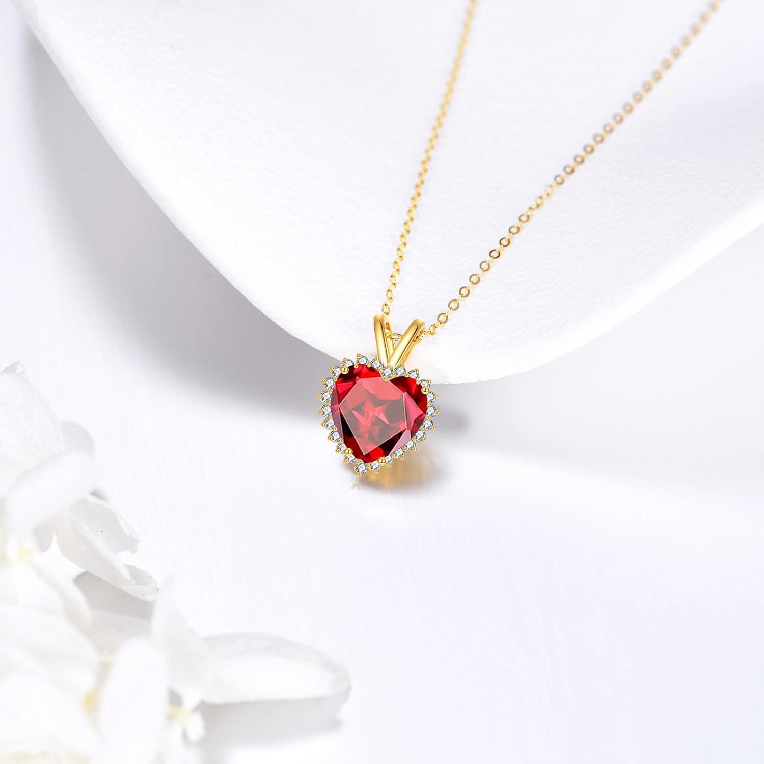 ELFRONT 14k Real Gold Heart Sapphire/Ruby Necklace Heart Stone Pendant Solid Gold Jewelry For Women Female Lover Mother Gifts
