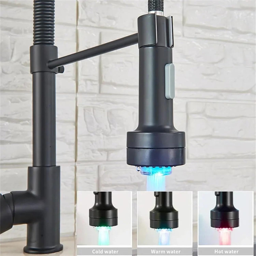 LED Kitchen Faucet Pull Down 360 Degree Rotation Hot and Cold Water Mixer Sink Deck Mounted Spring Tap(Matte Black)
