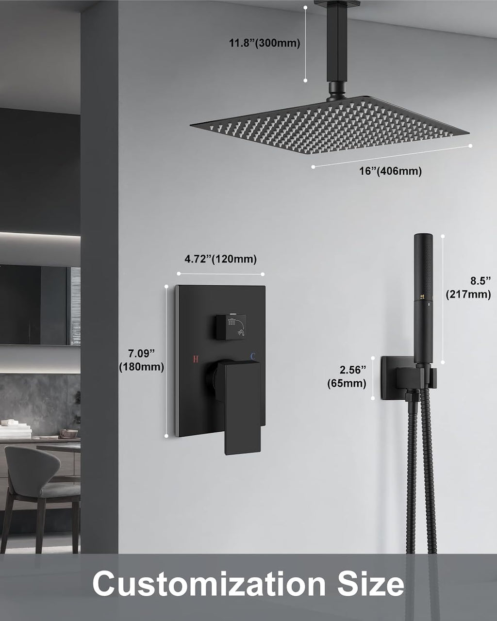Aolemi Ceiling Mount Shower Faucet Set,Shower System Rain Showerhead and Handheld Spray Combo High-Pressure Showerheads Set with Valve and Trim Kit Rough-in Valve,16 Inch Matte Black