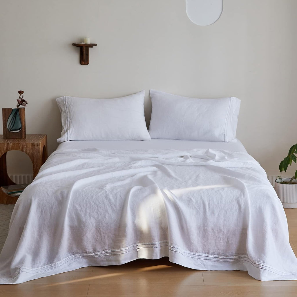 Simple&Opulence 100% Linen Sheet Set 4 Pieces Natural France Flax Bed Sheet (1 Flat Sheet, 1 Fitted Sheet, 2 Pillowcases) Breathable Luxury Hotel Bedding - Embroidery White, King Size