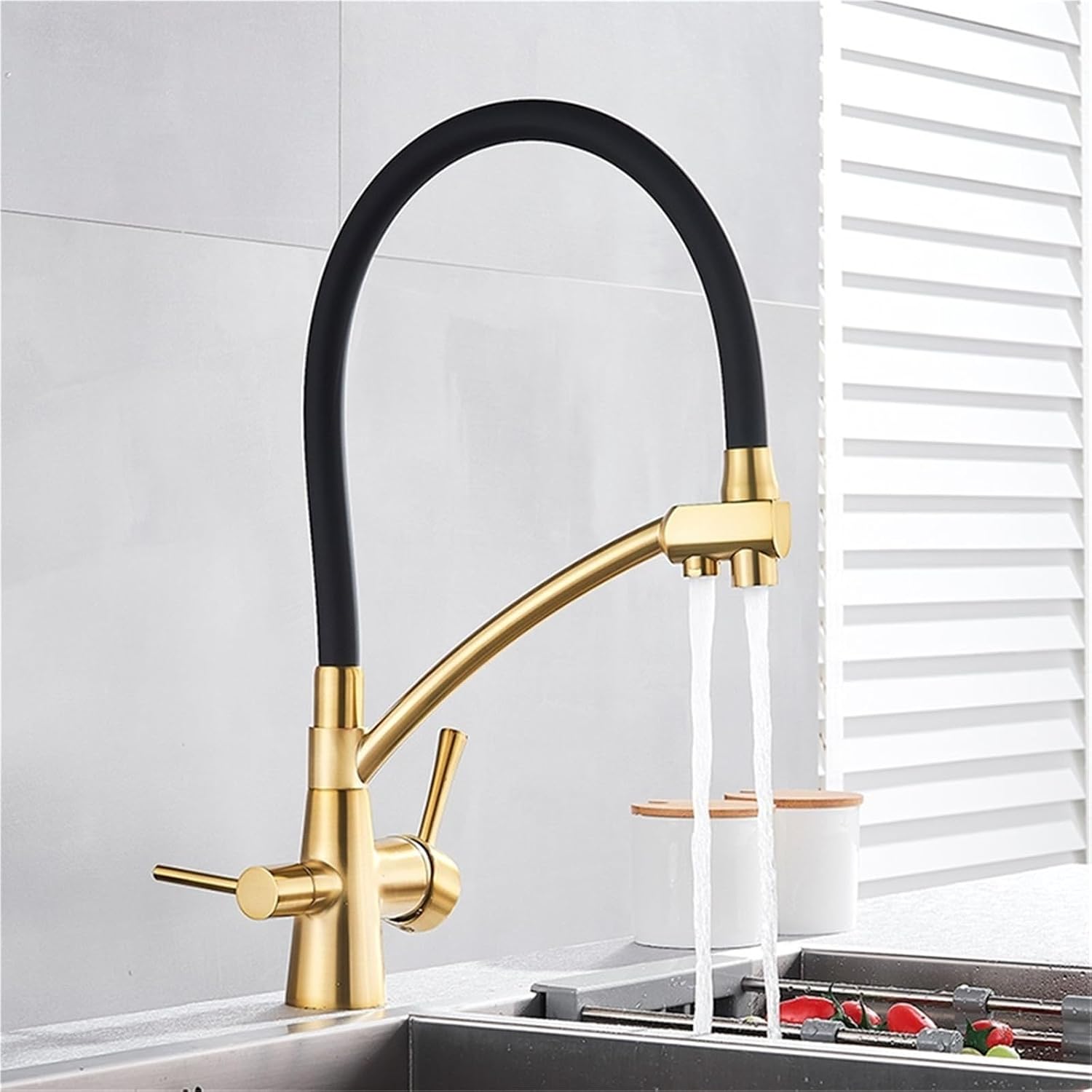 Filter Purification Flexible Rotated Kitchen Faucet Dual Spout Dual Handles Mixer Tap Hot and Cold Pure Water Mixer(Brushed Gold A)