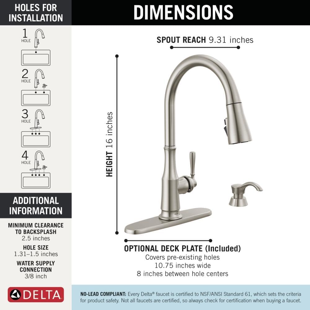 Delta Capertee Brushed Nickel Kitchen Faucet with Pull Down Sprayer and Soap Dispenser, Modern Single Hole Kitchen Sink Faucet, Single Handle, Spotshield Stainless 19877Z-SPSD-DST