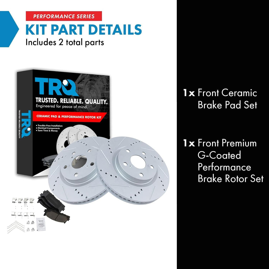 TRQ Performance Front Ceramic Brake Pad and Rotor Set Coated Drilled Slotted Compatible with 13-18 Lexus ES300h 07-18 ES350 08-18 Toyota Avalon 08-17 Camry 07 Camry Japan Built Models 1st VIN Digit J