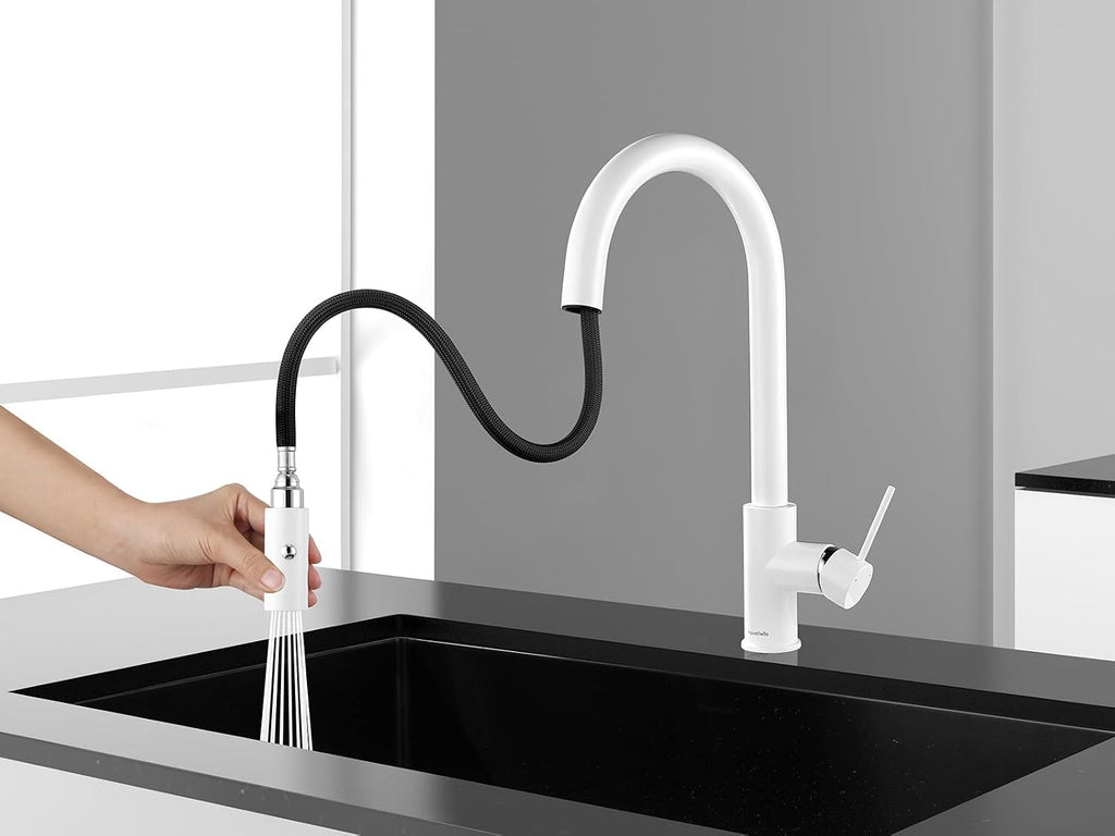 AguaStella AS60W Shiny White Kitchen Sink Faucet with Pull Down Sprayer Single Handle