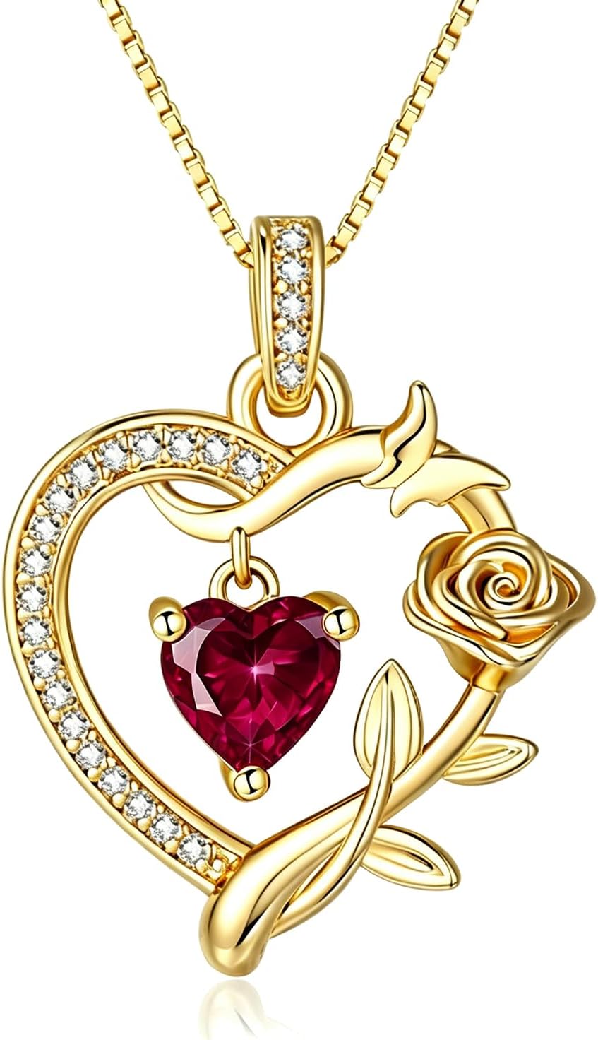 HeartMelody Heart Necklaces for Women Gold,14k 18K White Gold Plated Dainty Rose Butterfly Necklace with Garnet Birthstone Pendant Necklace Everyday Jewelry Birthday Christmas Gifts for Women Mom Her