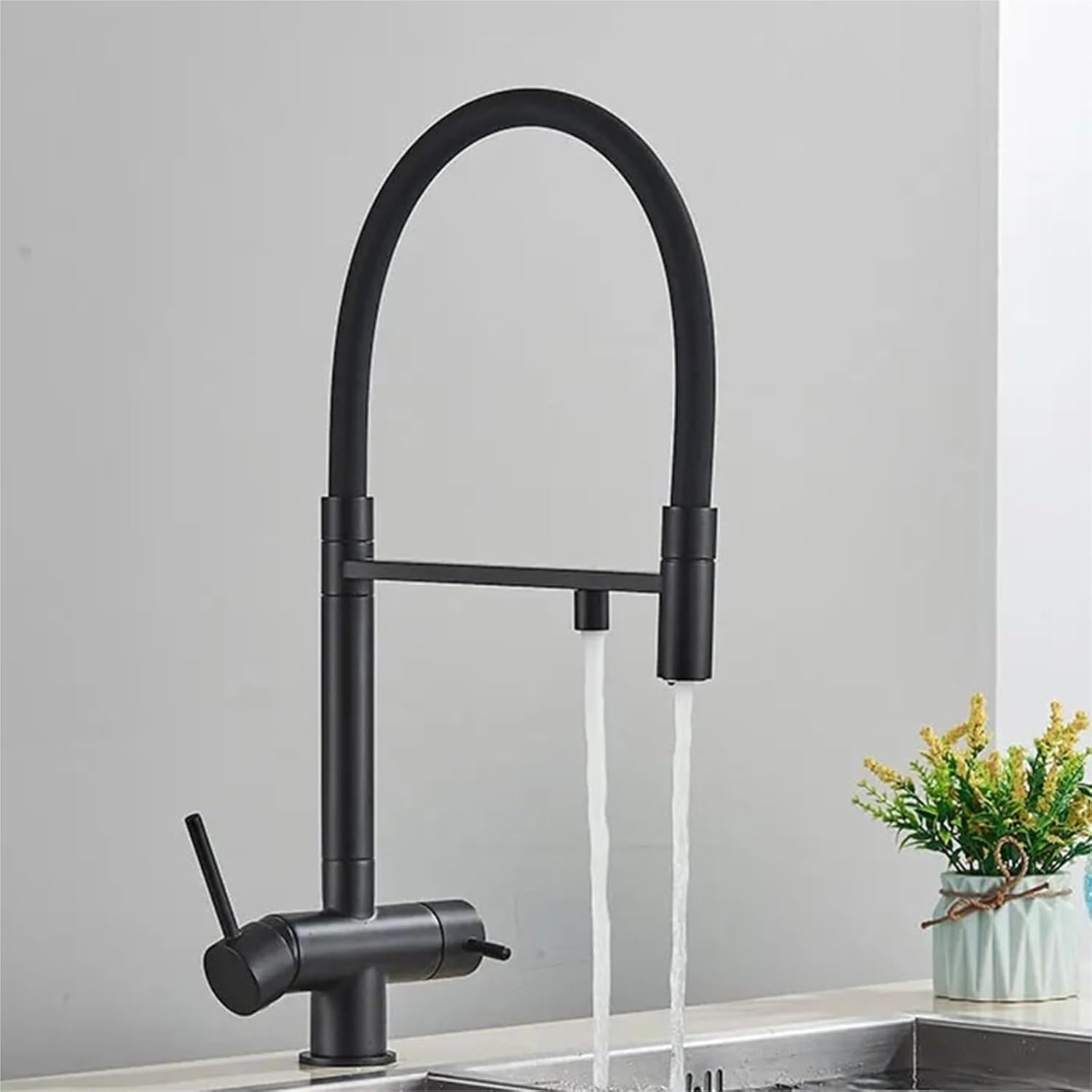 Kitchen Purified Faucets Dual Handle Cold Hot Water Mixer Crane Tap Filter Water Modern Tap(Black)