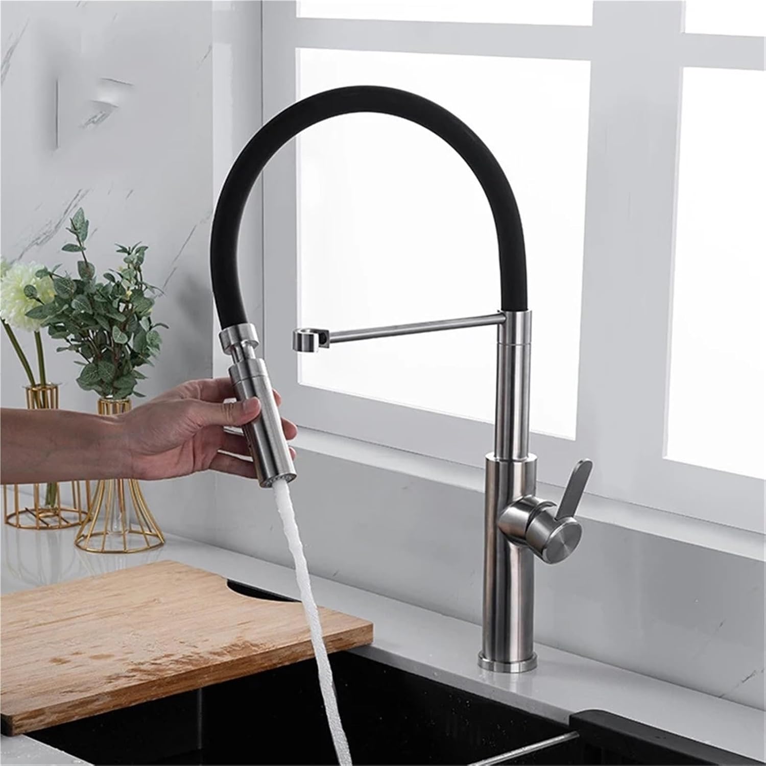 304 Stainless Steel Kitchen Faucet Black Hose Silicone Pull Type Cold and Hot Water Electrical Integrated Sink(Chrome Color)