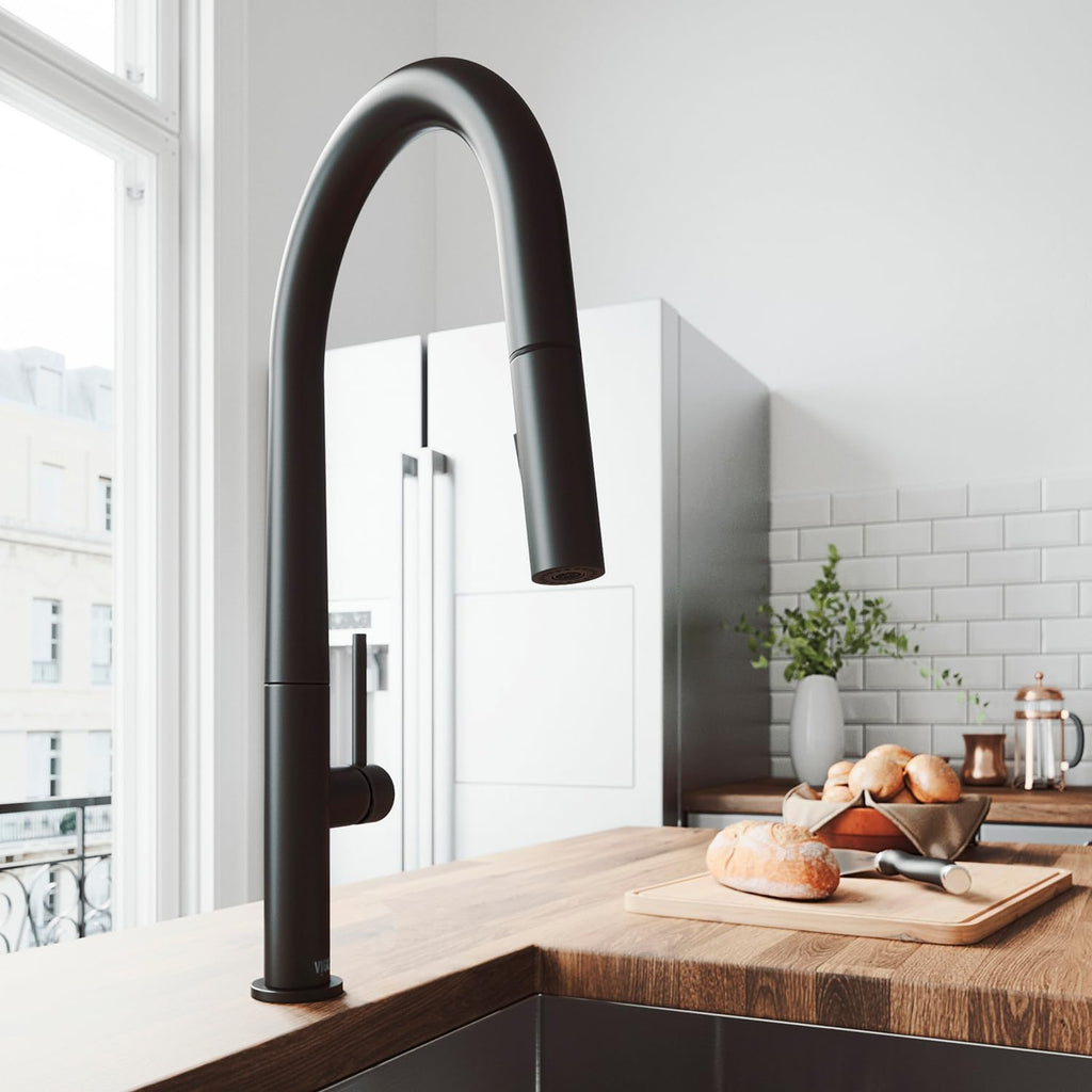 VIGO Greenwich 18'' H Single Handle Pull-Down Sprayer Kitchen Faucet in Matte Black-VG02029MB