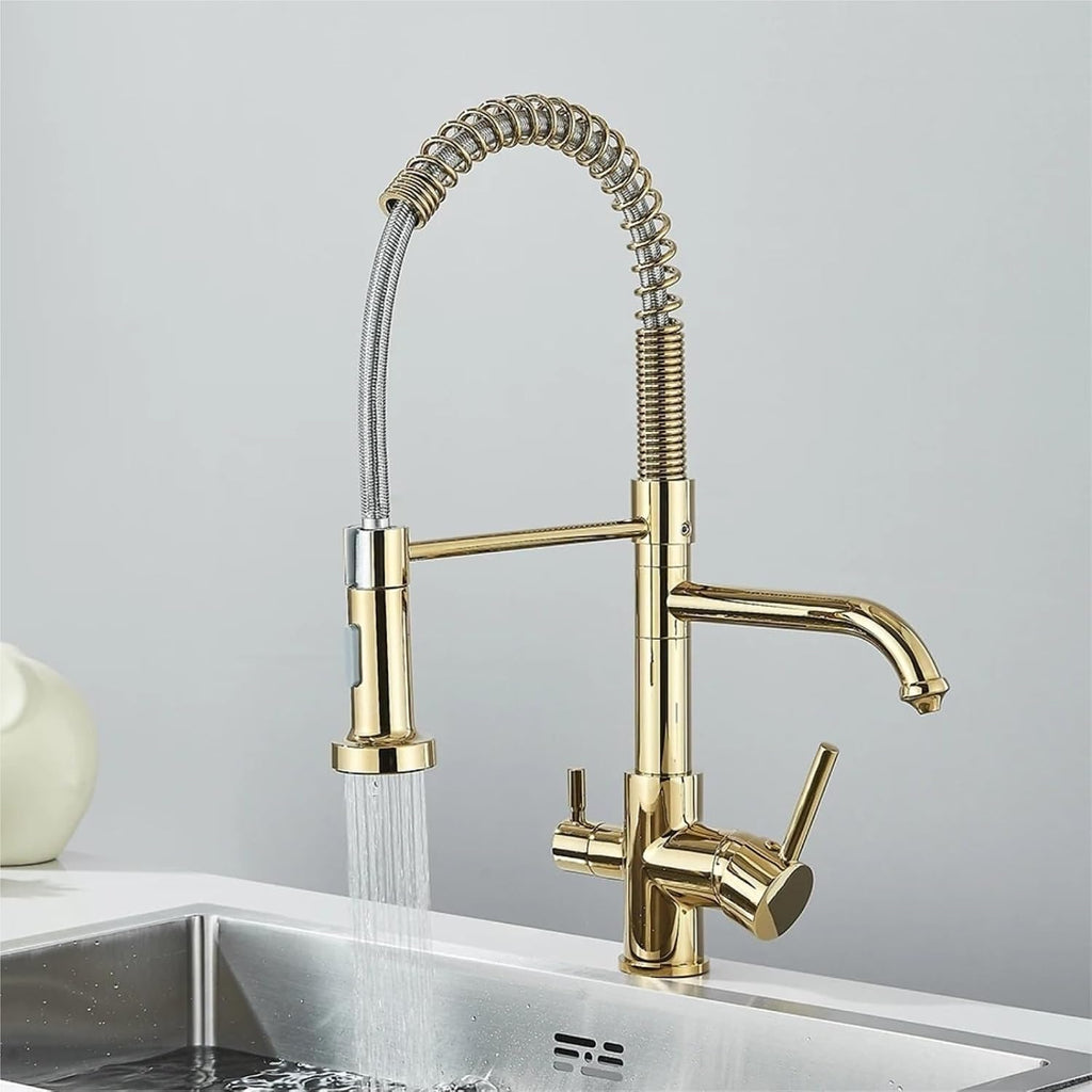 Kitchen Water Filter Faucet Dual Spout Filter Drinking Water Mixer Tap Rotation Taps(Golden)