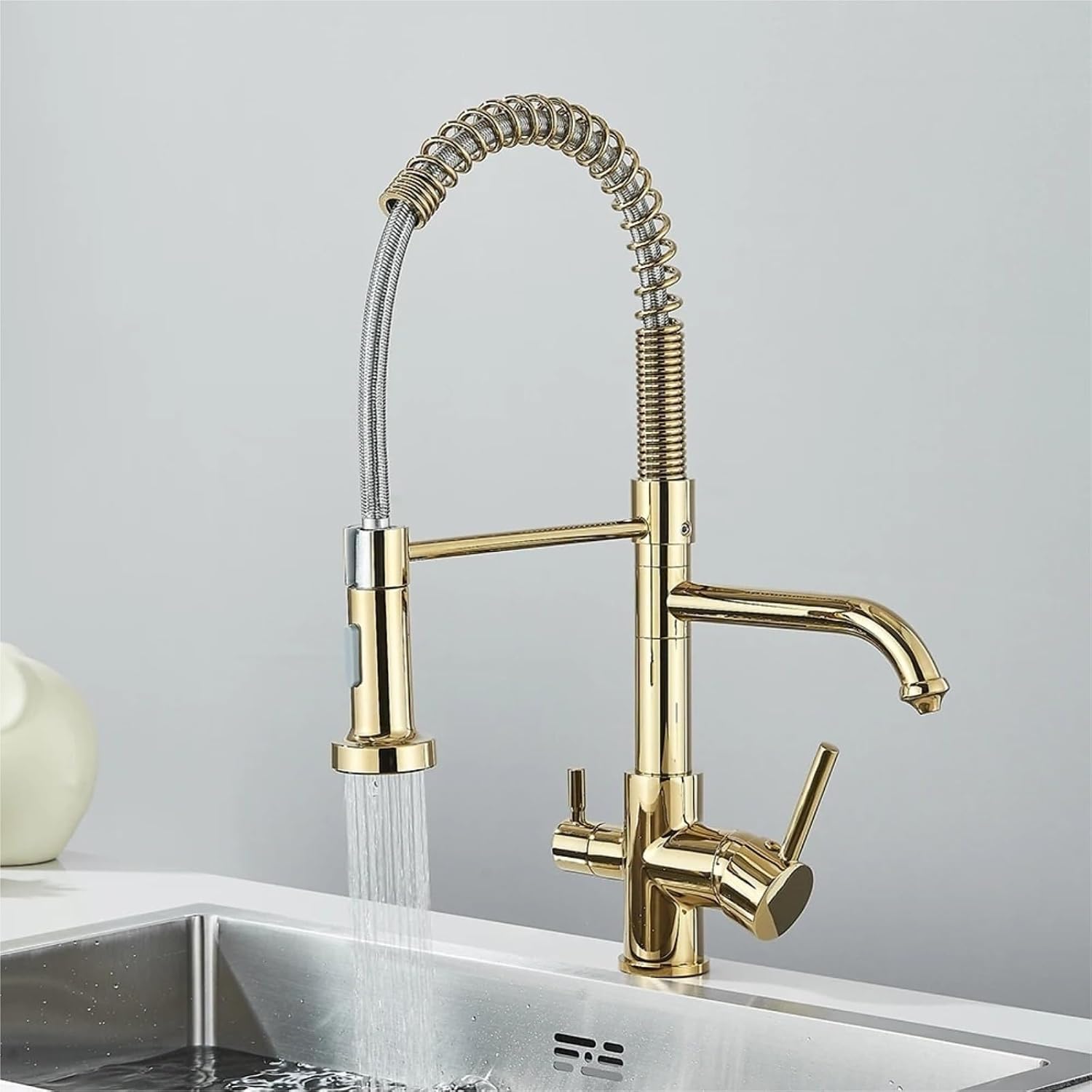Kitchen Water Filter Faucet Dual Spout Filter Drinking Water Mixer Tap Rotation Taps(Golden)