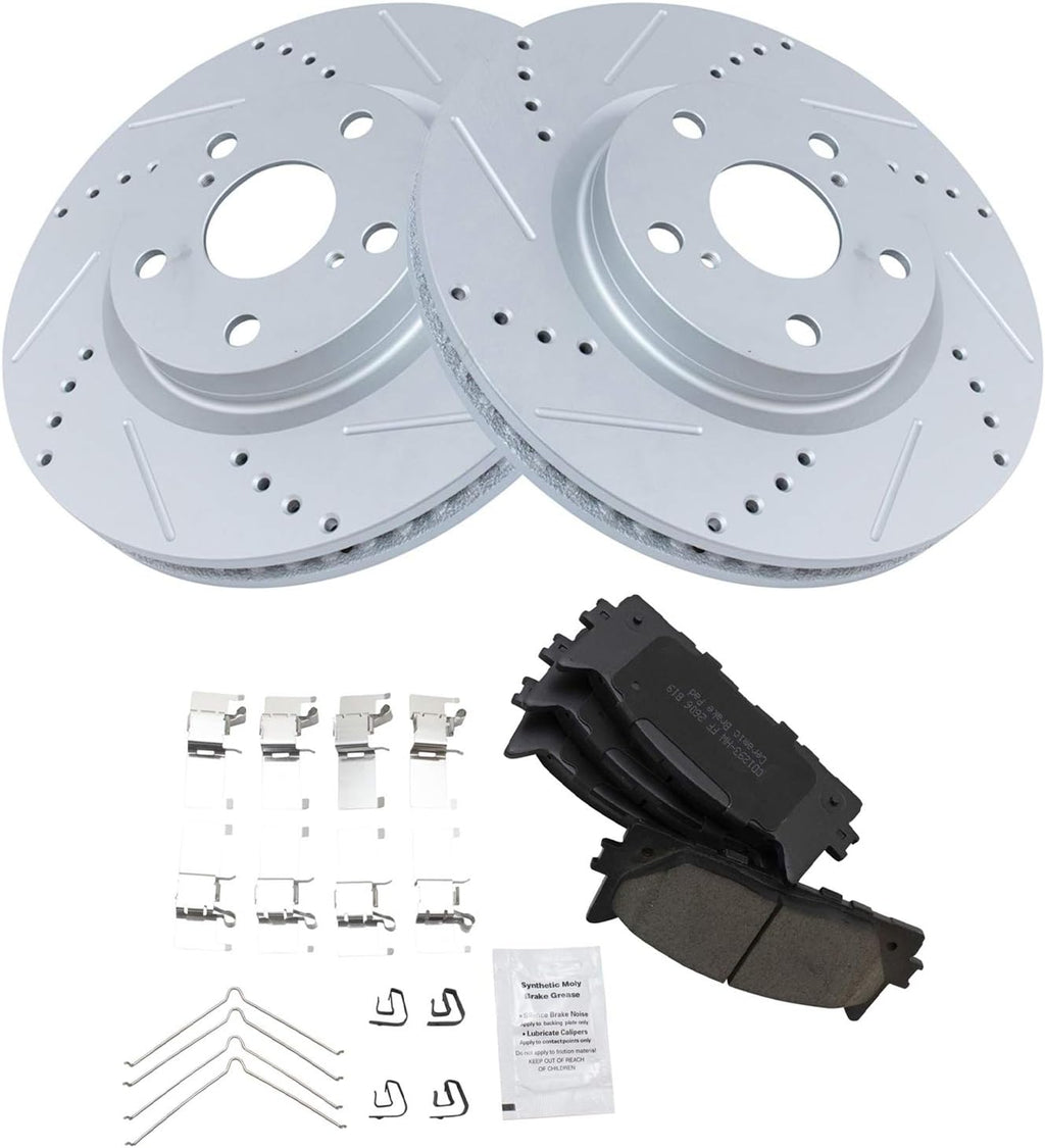 TRQ Performance Front Ceramic Brake Pad and Rotor Set Coated Drilled Slotted Compatible with 13-18 Lexus ES300h 07-18 ES350 08-18 Toyota Avalon 08-17 Camry 07 Camry Japan Built Models 1st VIN Digit J
