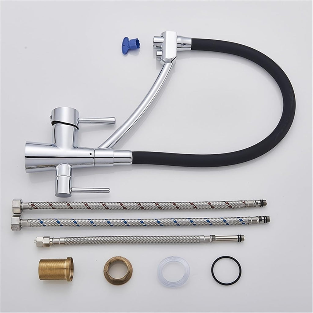 Filter Purification Flexible Rotated Kitchen Faucet Dual Spout Dual Handles Mixer Tap Hot and Cold Pure Water Mixer(Brushed Gold A)