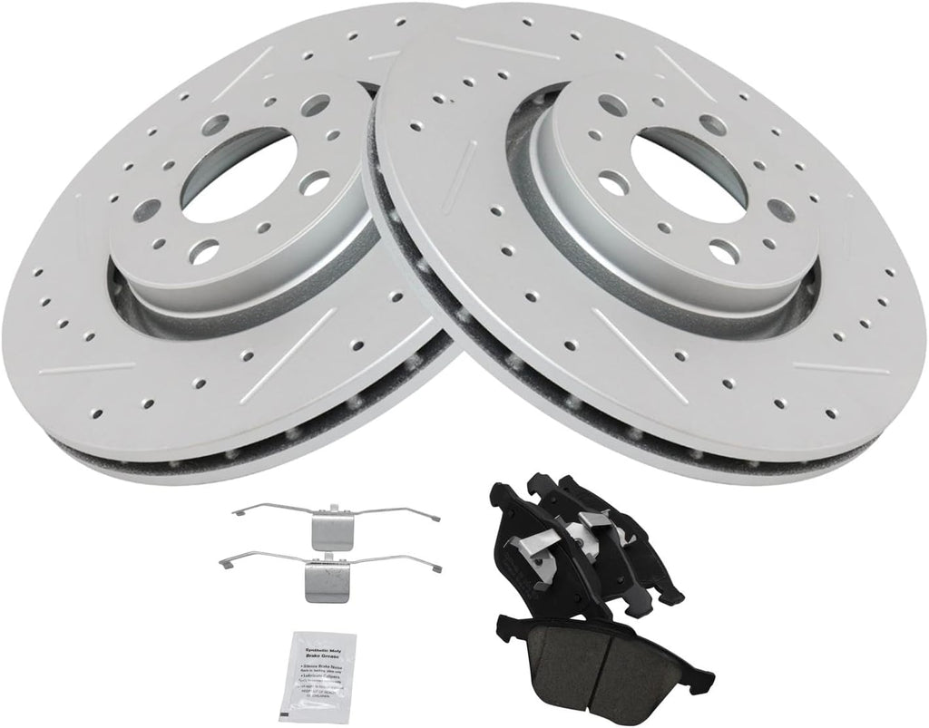TRQ Performance Front Brake Pad and Rotor Kit Ceramic Slotted Drilled G-Coated Compatible with 2003-2013 Volvo XC90