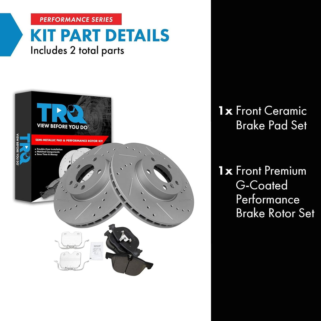 TRQ Performance Front Brake Pad and Rotor Set Ceramic G Coated Drilled Slotted Rotors Compatible with 2007-2018 BMW X5 2011-2019 X6