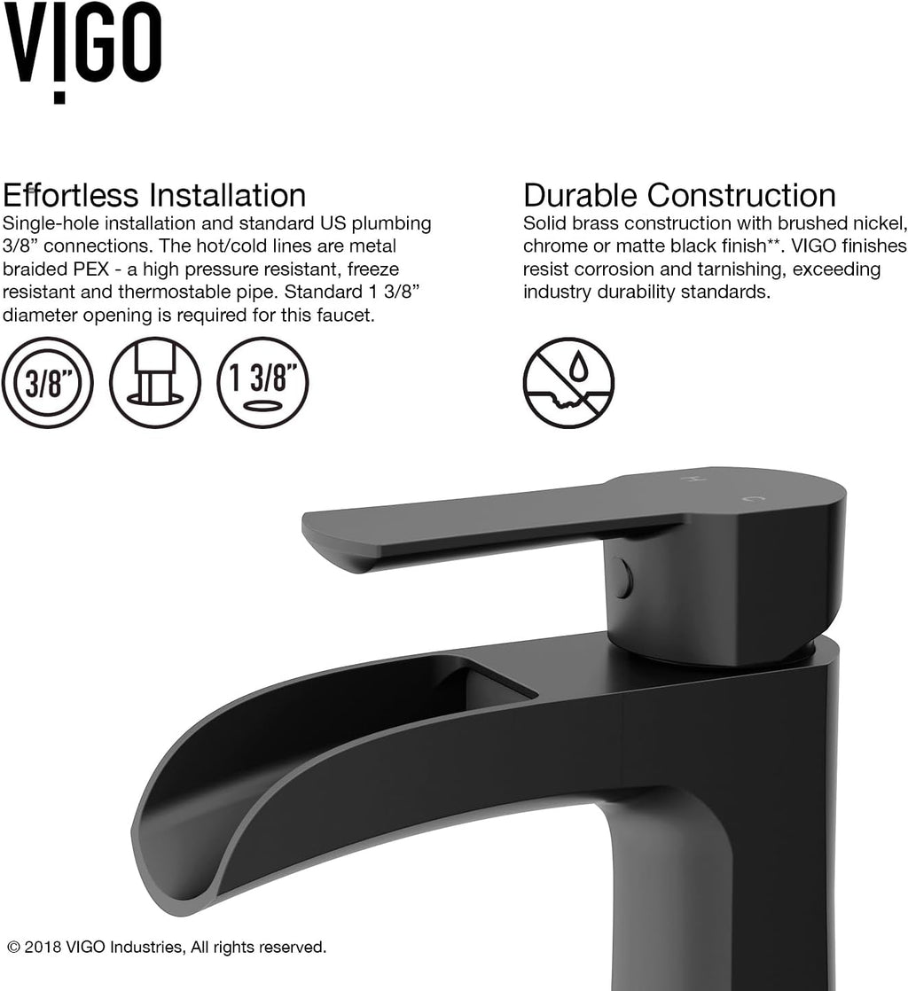 VIGO Paloma Waterfall Single-Handle Single-Hole Mount Bathroom Sink Faucet, 7-Inch, Matte Black, Modern Design, Solid Brass, 1.2 GPM WaterSense & Ceramic Disc Valve, Corrosion-Resistant - VG01041MB