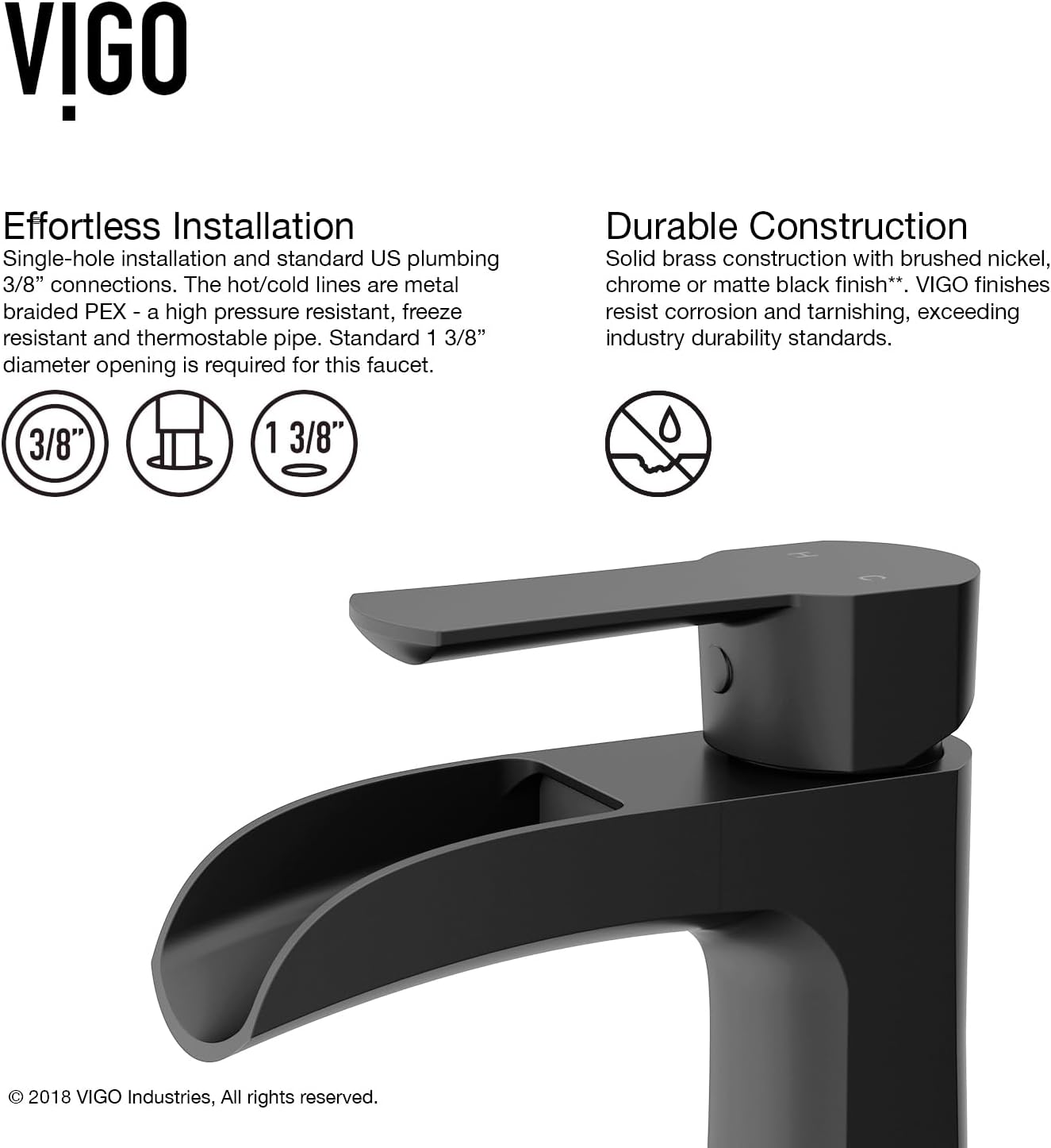 VIGO Paloma Waterfall Single-Handle Single-Hole Mount Bathroom Sink Faucet, 7-Inch, Matte Black, Modern Design, Solid Brass, 1.2 GPM WaterSense & Ceramic Disc Valve, Corrosion-Resistant - VG01041MB