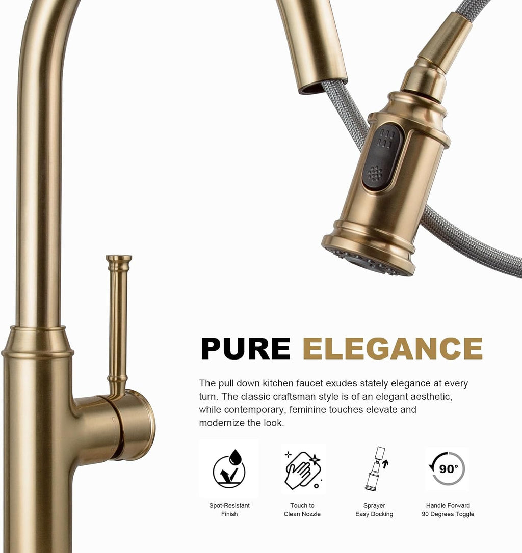 Lava Odoro Champagne Gold Kitchen Faucet with Pull Down Sprayer, Single Handle Kitchen Sink Faucet, Gold Faucet for Kitchen Sink 1 Hole and 3 Hole, Deck Plate Included, KF421-CB