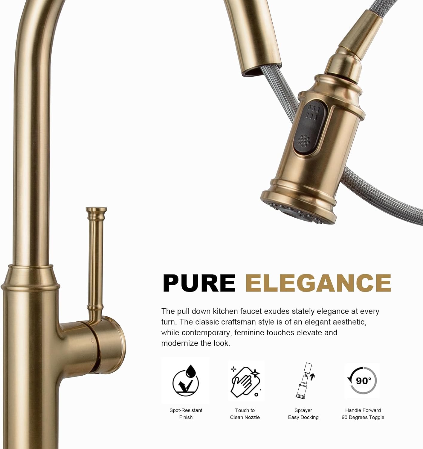 Lava Odoro Champagne Gold Kitchen Faucet with Pull Down Sprayer, Single Handle Kitchen Sink Faucet, Gold Faucet for Kitchen Sink 1 Hole and 3 Hole, Deck Plate Included, KF421-CB
