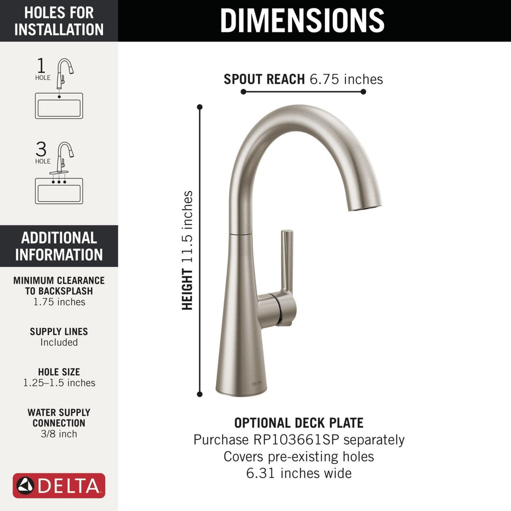 Delta Modern Brushed Nickel Single Hole Bar Sink Faucet, Single Handle Prep Sink Faucet, SpotShield Stainless 14882LF-SP
