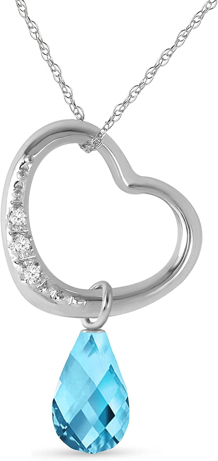 Galaxy Gold GG 14K Gold Open Heart with Genuine Diamond and Blue Topaz Pendant Necklace