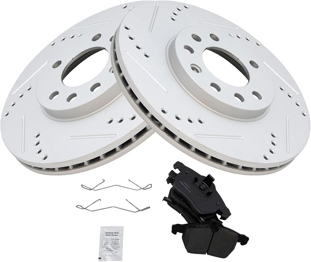 TRQ Performance Front Brake Pad & Rotor Set Ceramic Coated Drilled Slotted Vented Rotors Compatible with 99-03 Saab 9-3 99-05 9-5 2000 Saturn LS LS1 LS2 LW1 LW2 01-02 L100 01-03 L200 LW200 LW300