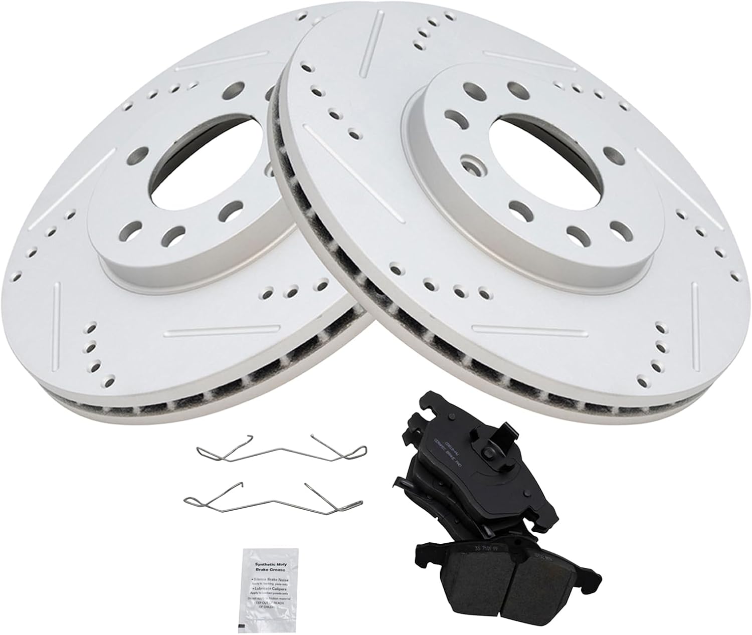 TRQ Performance Front Brake Pad & Rotor Set Ceramic Coated Drilled Slotted Vented Rotors Compatible with 99-03 Saab 9-3 99-05 9-5 2000 Saturn LS LS1 LS2 LW1 LW2 01-02 L100 01-03 L200 LW200 LW300