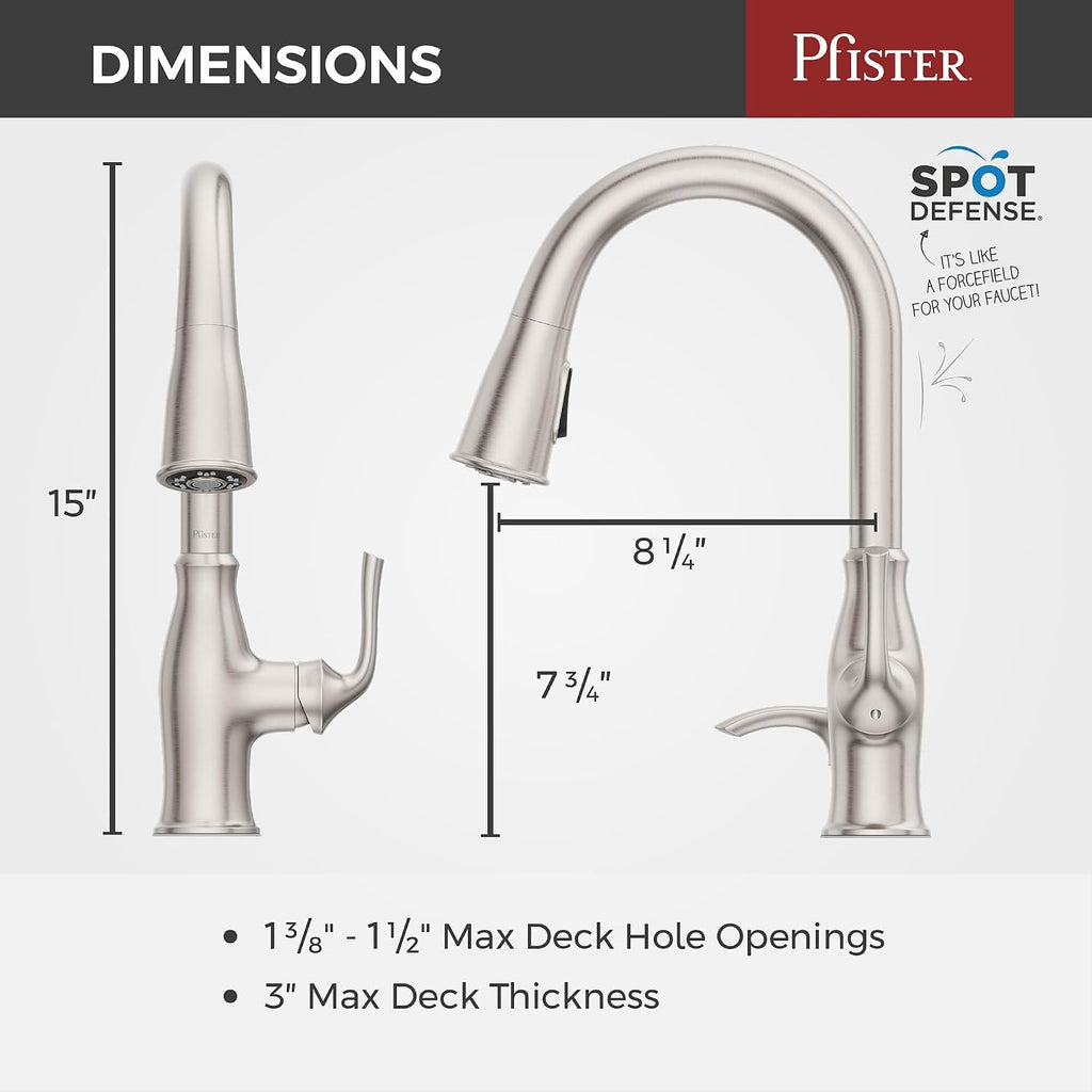 Pfister Rosslyn Kitchen Faucet with Pull Down Sprayer and Soap Dispenser, Single Handle, High Arc, NSF Certified, Spot Defense Stainless Steel Finish, F5297RSSRGS