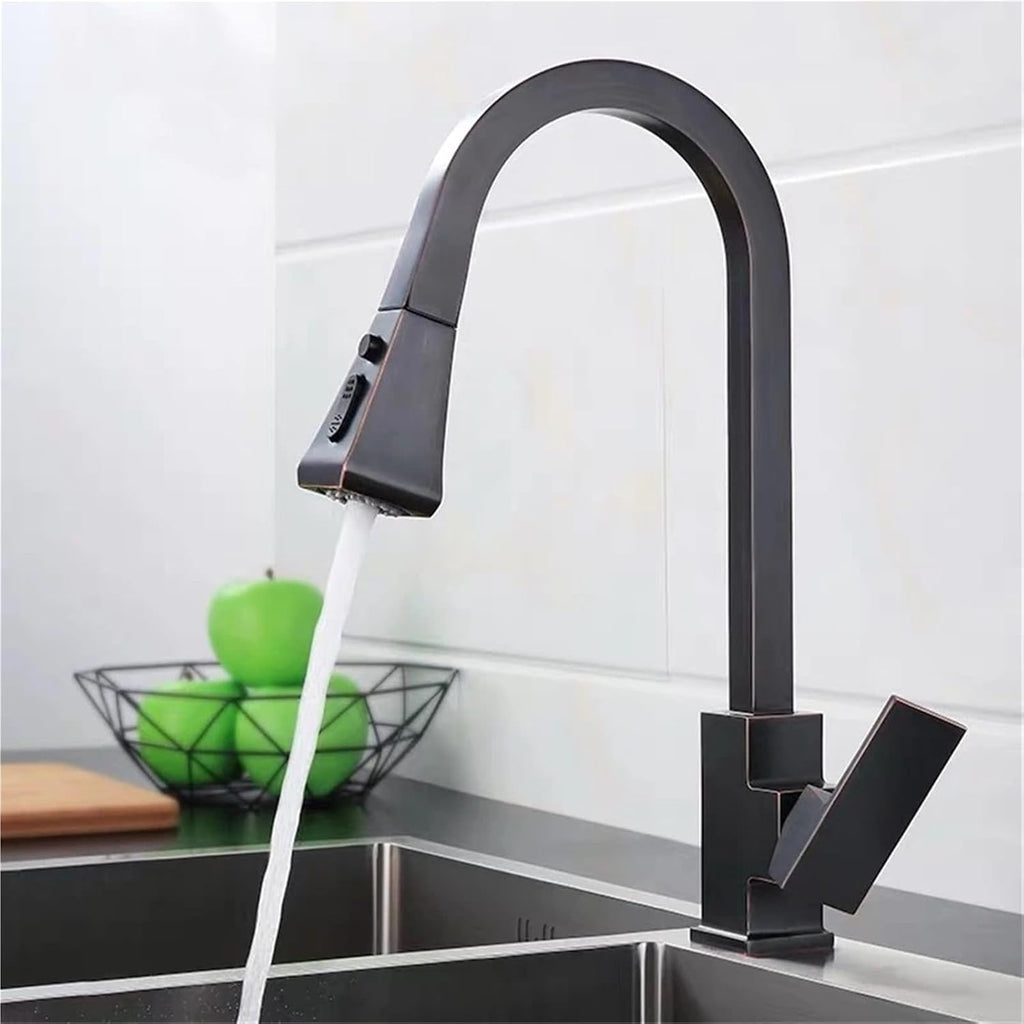 Kitchen Faucets Copper 360 Rotate Pull Out Tap Kitchen Faucet Button Switch Cold Hot Water Sink Mixer Taps(Black 1,Hose Size 1-2)