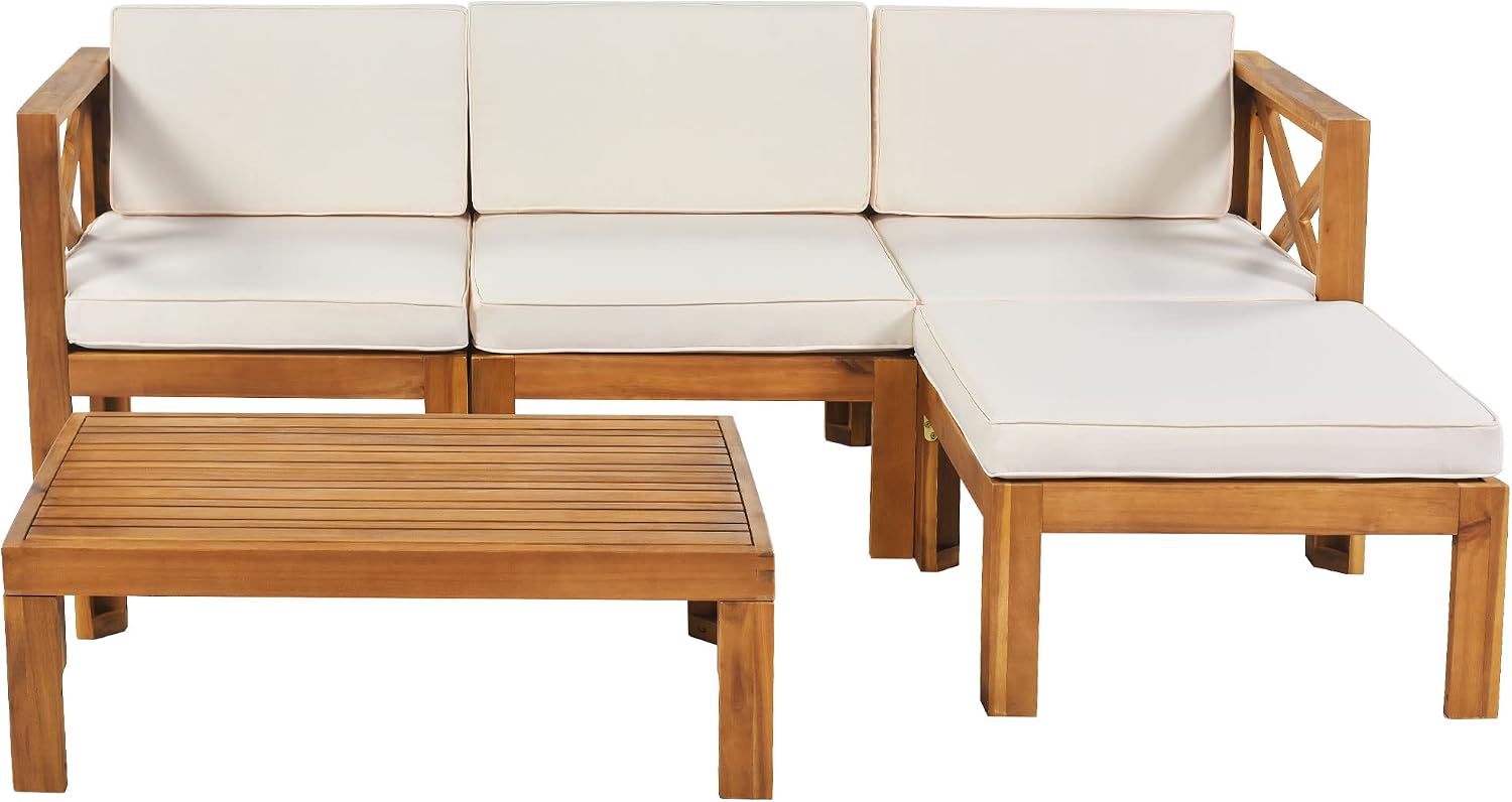 5-Piece Sectional Sofa Seating Group Set With Cushions,Outdoor Backyard Patio Wood Sectional Seating Group With Tea Table And Ottoman For Backyard,Garden,Poolside (Natural Finish+ Beige Cushions-01)