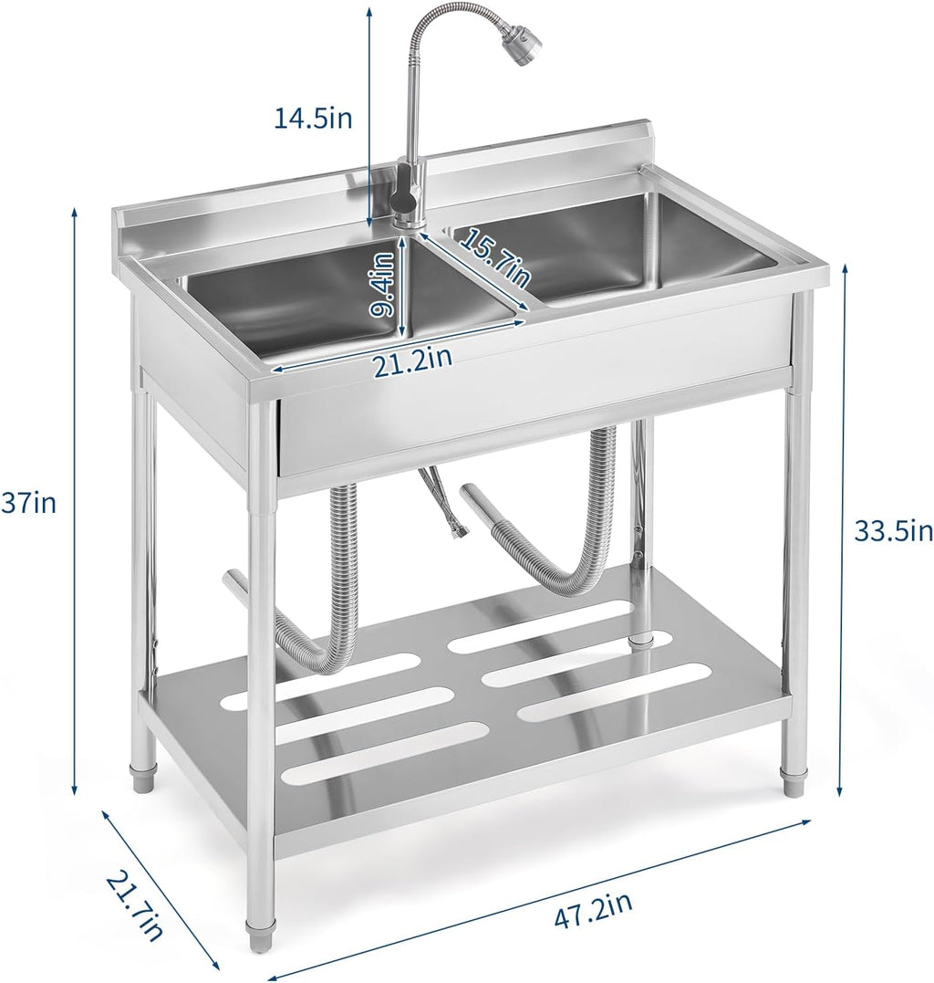 Garvee 2 Compartment Stainless Steel Commercial Sink, Double Bowl Utility Sink with 360° Swivel Faucet, Storage Shelf & Adjustable Feet, Freestanding Prep Sink for Restaurant, Garage, Workshop, Outdoo
