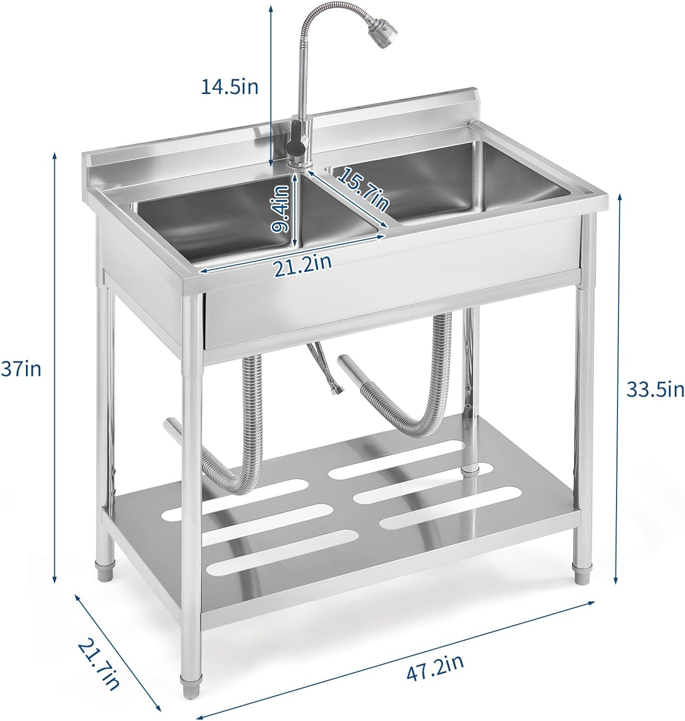 Garvee 2 Compartment Stainless Steel Commercial Sink, Double Bowl Utility Sink with 360° Swivel Faucet, Storage Shelf & Adjustable Feet, Freestanding Prep Sink for Restaurant, Garage, Workshop, Outdoo