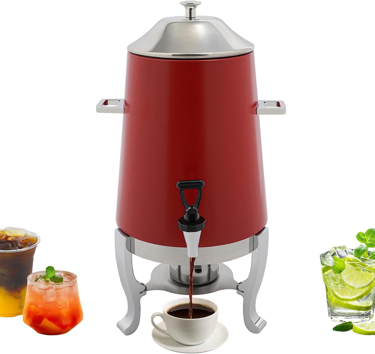 Coffee Urn With Fuel Holder, 3.5 Gallon/13L Stainless Steel Beverage Dispensers for Coffee Tea Hot Water, Hot Drink Dispenser with Stand, Chafer Urn with Spigot for Parties Catering (Red)