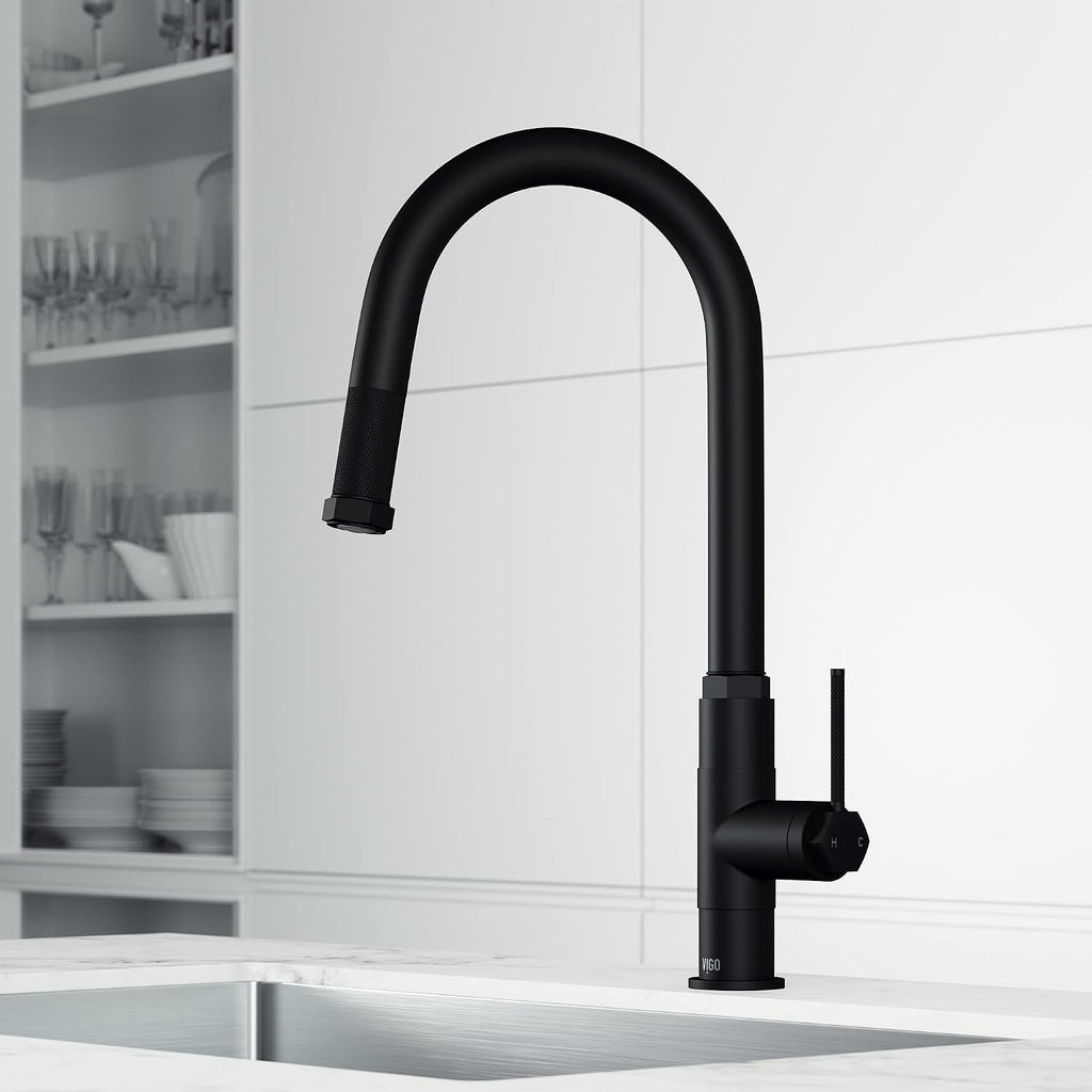 VIGO Hart Arched 18'' H Single Handle Pull-Down Spout Kitchen Faucet in Matte Black-VG02035MB
