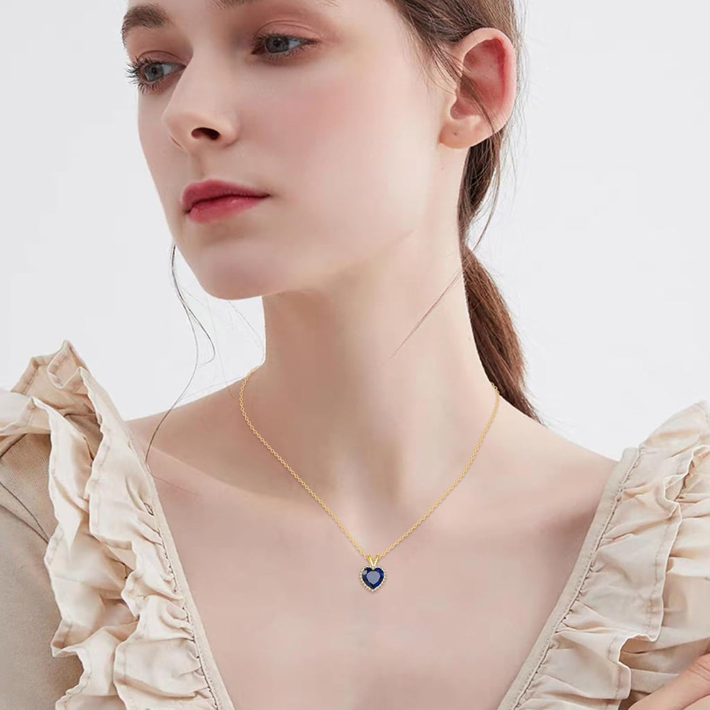 ELFRONT 14k Real Gold Heart Sapphire/Ruby Necklace Heart Stone Pendant Solid Gold Jewelry For Women Female Lover Mother Gifts